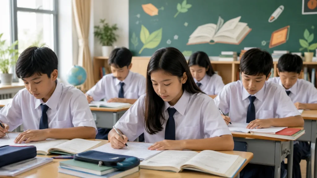 Siswa kelas 7 belajar Bahasa Indonesia dan mengerjakan latihan soal