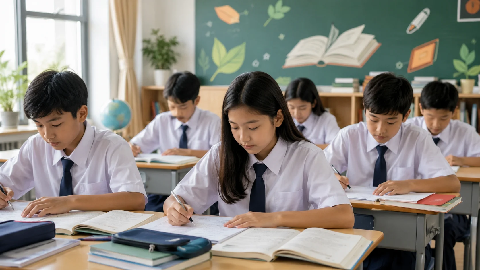Siswa kelas 7 belajar Bahasa Indonesia dan mengerjakan latihan soal