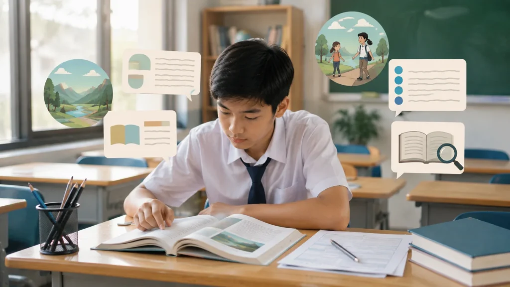 Siswa kelas 7 mempelajari materi Bahasa Indonesia di kelas