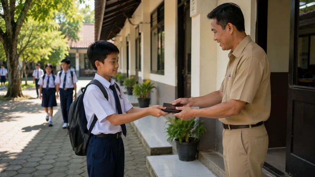 Siswa kelas 7 menyerahkan dompet yang ditemukan kepada guru