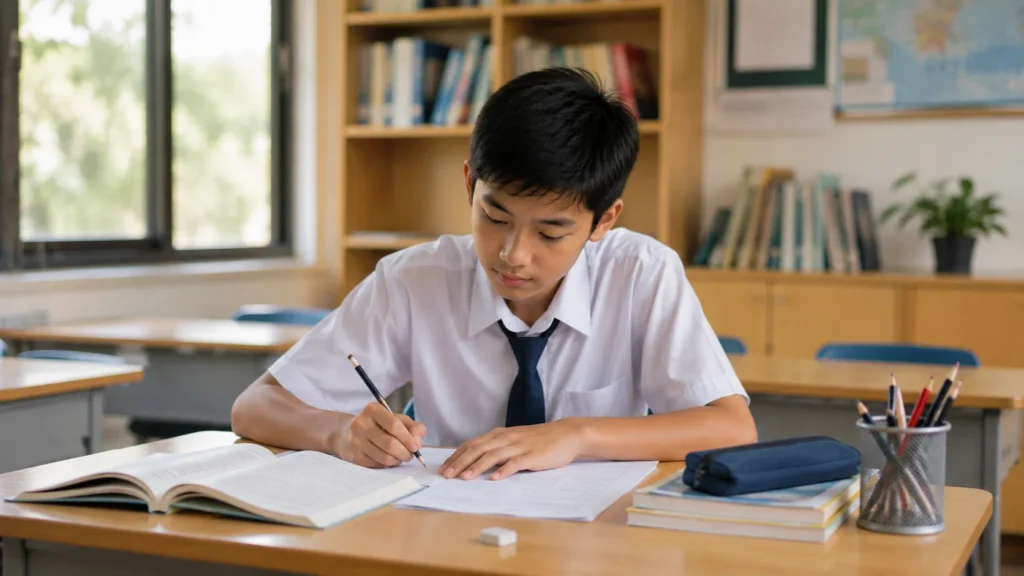 Siswa kelas 7 mengerjakan latihan soal untuk persiapan SAS Bahasa Indonesia