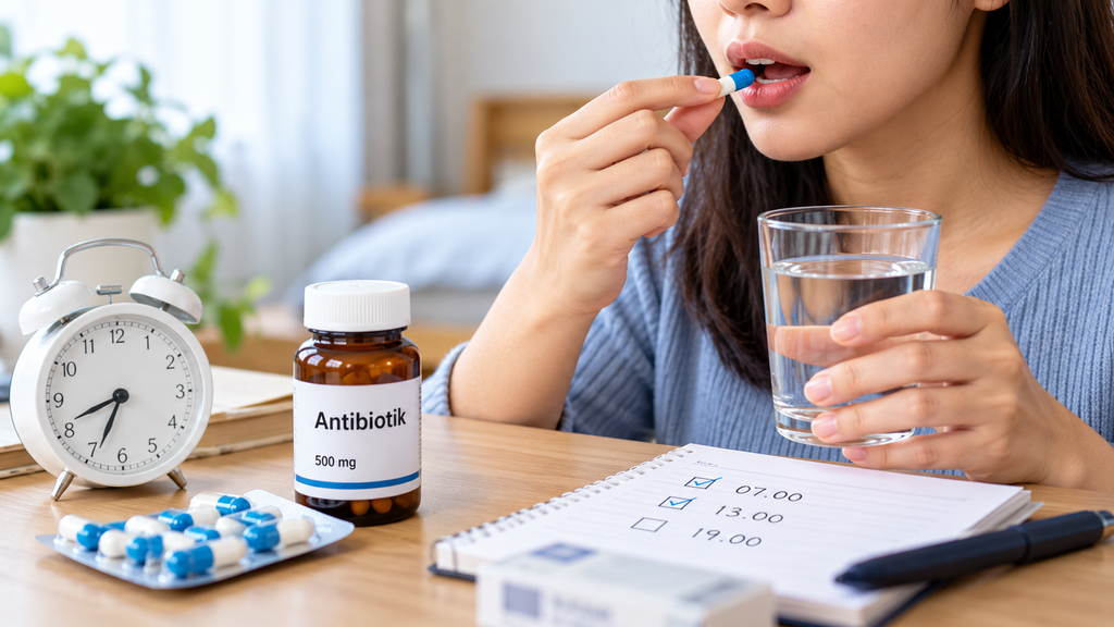Wanita mengonsumsi obat antibiotik dengan air putih sesuai jadwal dan dosis yang dianjurkan dokter